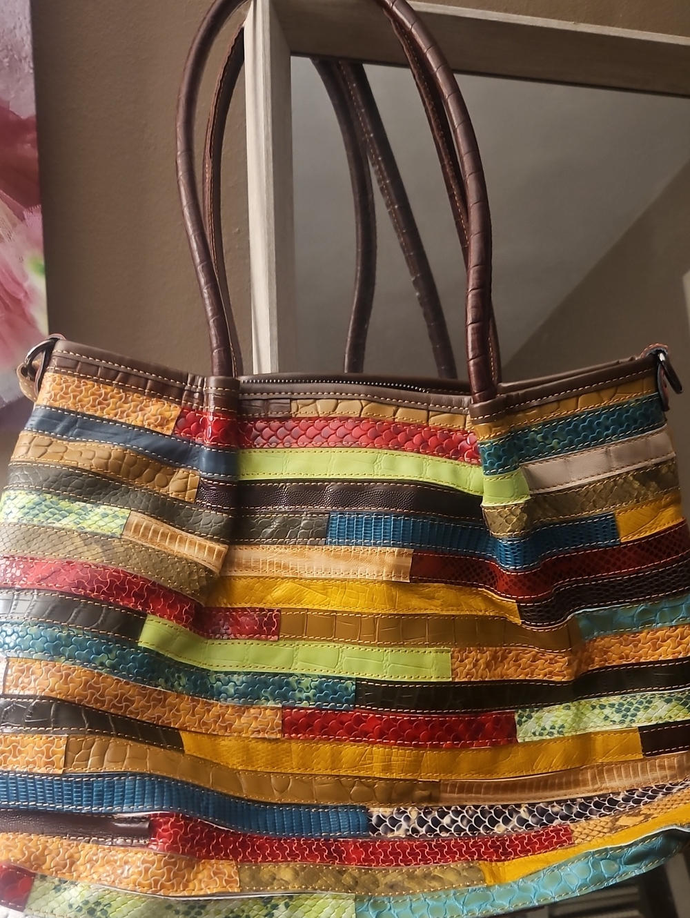 Ameri Leather Multicolor Patchwork Leather Tote Bag